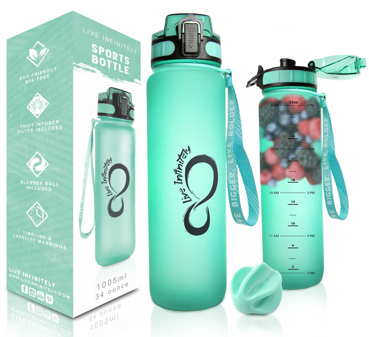  Live Infinitely 34 oz Insulated Water Bottle with 32 oz Timed  Marker - Cute Gym Water Bottles with Fruit Infuser & Shaker - For Workout  Fitness Travel - Locking Flip Lid (