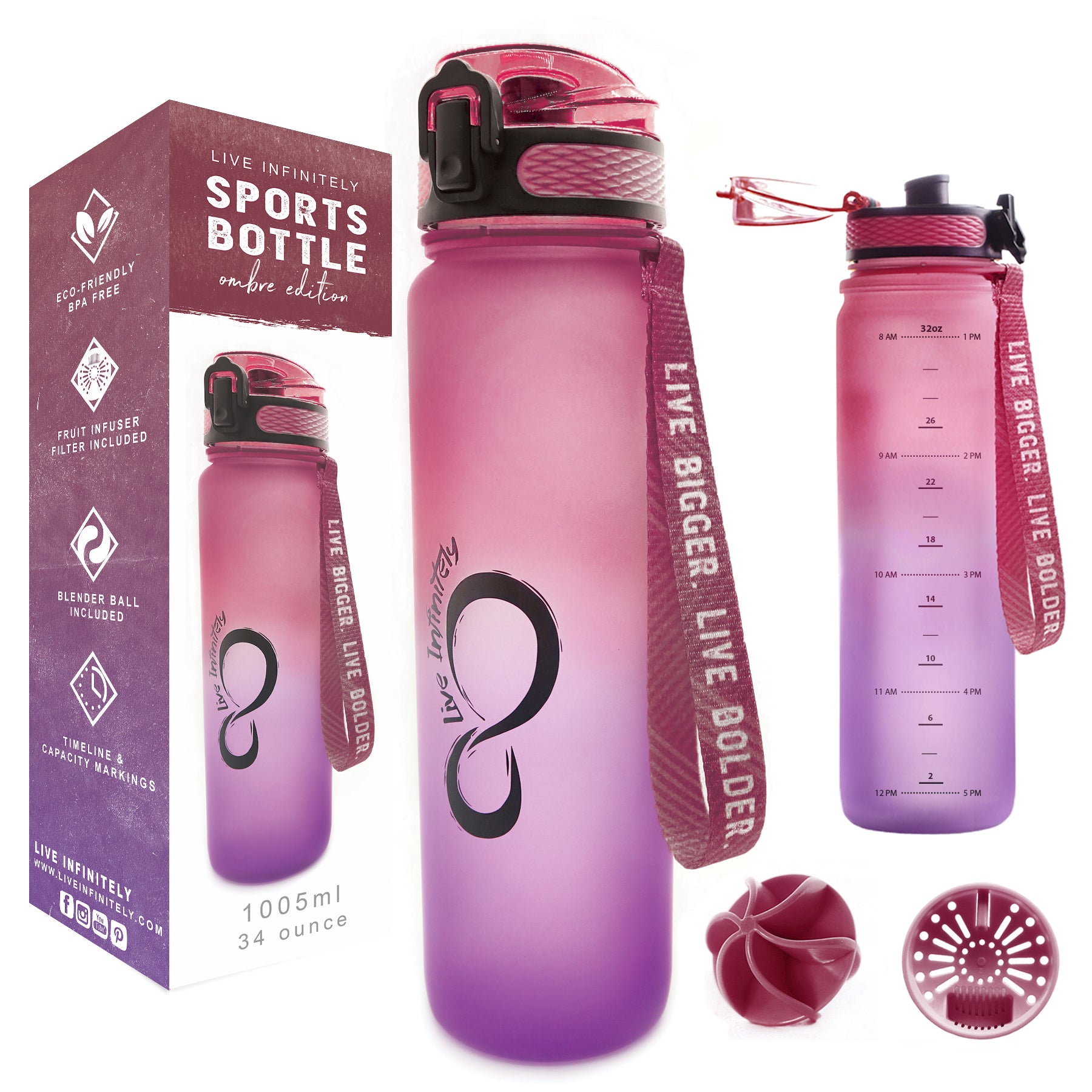 Live Infinitely Gym Water Bottle with Time Marker Fruit Infuser and Shaker 34 oz Gray