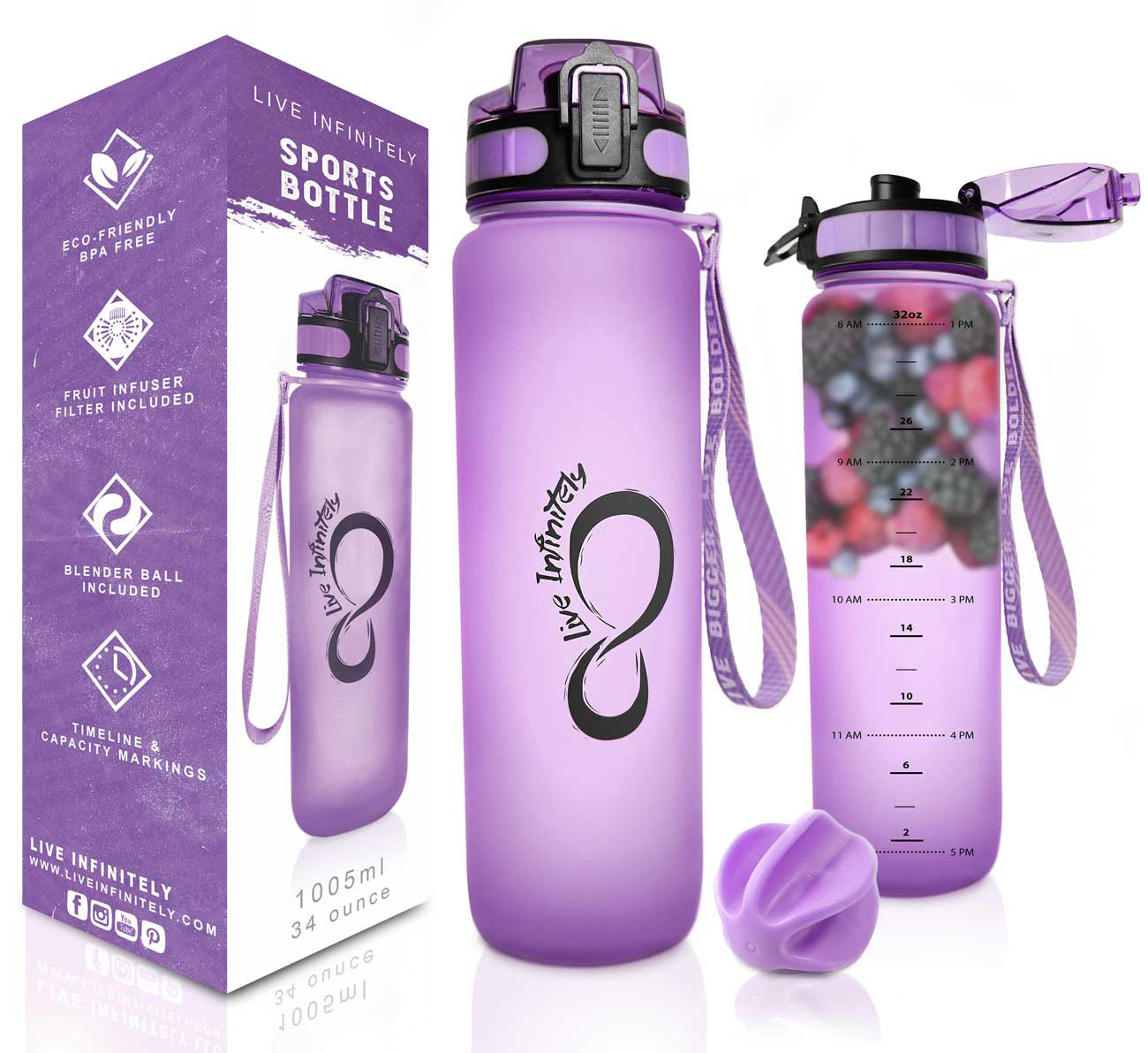 Live Infinitely 34 oz BPA Free Water Bottle with Time Marker, Fruit Infuser Scre