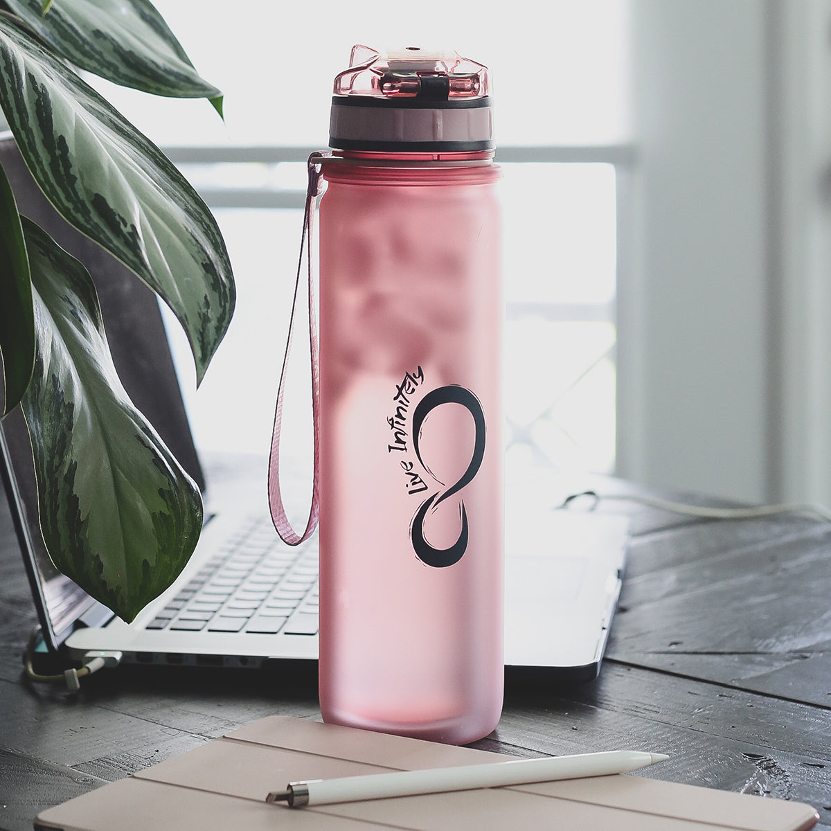 Live Infinitely Gym Water Bottle with Time Marker Fruit Infuser and Shaker 34 oz Pink